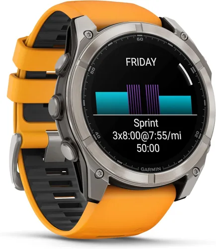 Miniatura 5 de Garmin Fenix 8 – 2 pulgadas, reloj inteligente multideporte GPS AMOLED, zafiro, titanio con banda de silicona naranja brillante/grafito, linterna