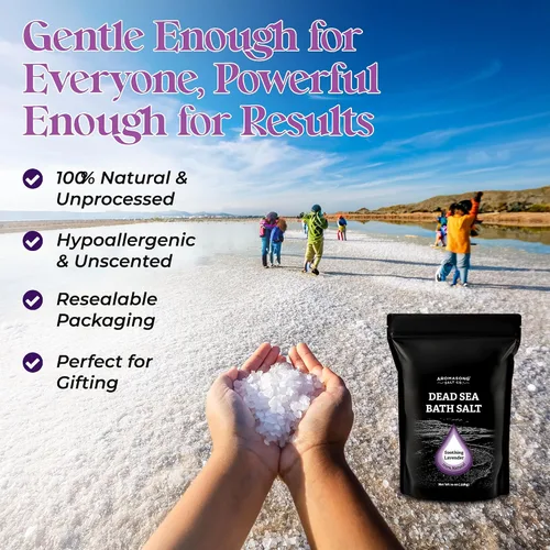 Miniatura 5 de Aromasong Sal pura del mar muerto para remojar con lavanda 100 % natural, 14 onzas, sal de baño de spa de grano fino, exfoliante de lavado corporal
