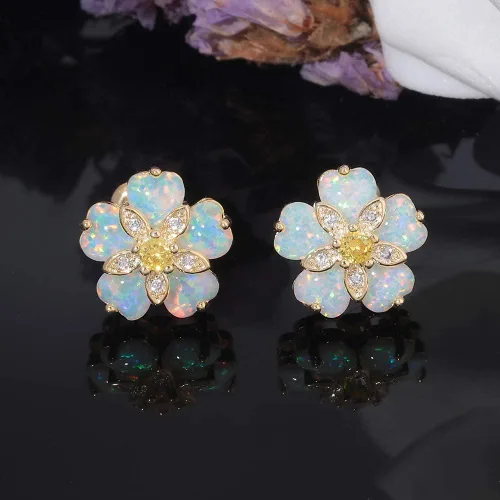 Miniatura 5 de CiNily Aretes tipo dormilona de ópalo con flores para mujer, chapados en rodio, hipoalergénicos, grandes piedras preciosas de 1932 pulgadas