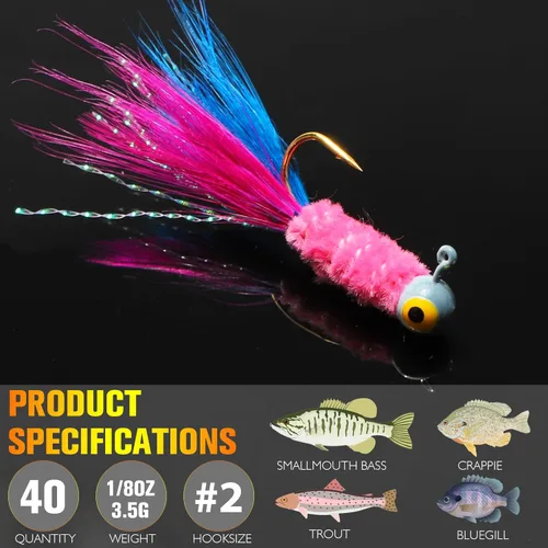 Miniatura 6 de Dovesun Jigs de Crappie, cabezas de jig con plumas atadas a mano Jigs de Marabou Ice Señuelos de pesca con mosca 10 colores 1/32 oz 1/16 oz 1/8 oz