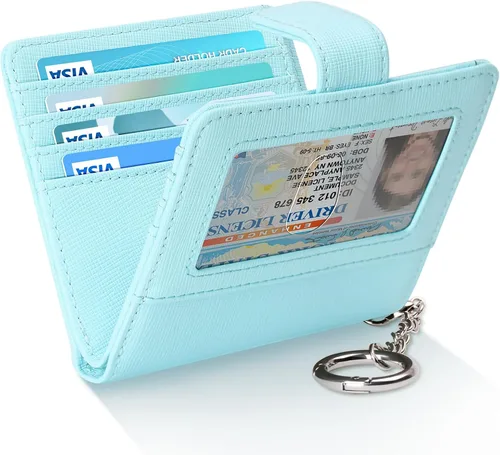 Miniatura 14 de FurArt Cartera plegable para mujer con 9 ranuras, bloqueo RFID, ventana de identificación, cartera compacta con llavero