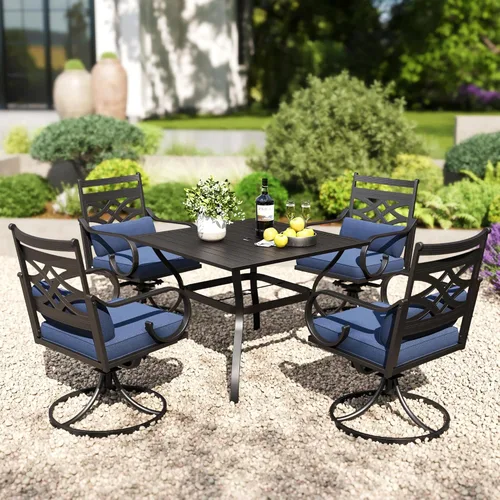 Miniatura 7 de PHI VILLA Mesa de comedor para exteriores de 37 pulgadas, con listones de acero metálico, mesa de comedor cuadrada para patio con agujero para Negro