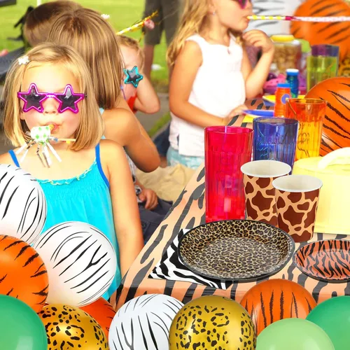 Miniatura 3 de Jerify 169 piezas de suministros de fiesta de cumpleaños con estampado de animales del zoológico de safari de la selva, incluyendo platos de papel
