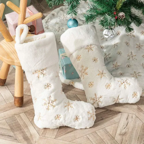 Miniatura 14 de Calcetines negros de piel sintética de Navidad, 1 paquete grande de 22 pulgadas, medias colgantes de felpa negra con nombre personalizado con copos