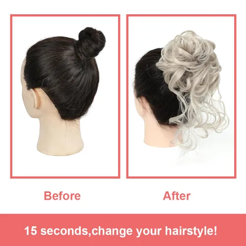 Miniatura 4 de KETHBE Moño desordenado, extensión de moño despeinado, extensión de moños, banda elástica para el cabello, moño rizado para mujeres (gris lino)