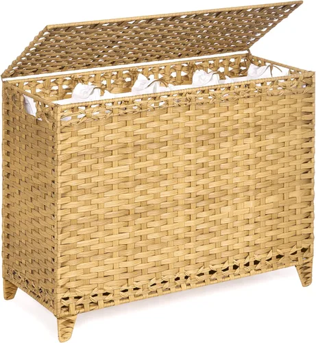 Miniatura 11 de Cesta para ropa sucia con 3 bolsas de forro extraíbles; cesta de lavandería de ratán tejida a mano de 132L con tapa y pies elevados; cesta de ropa