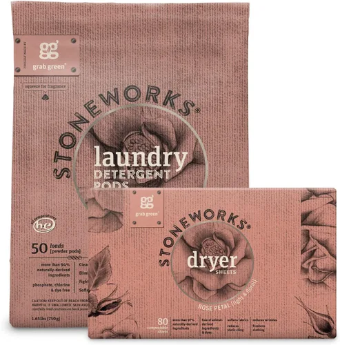 Grab Green Stoneworks - Paquete de cápsulas de detergente para ropa y hojas para secadora (pétalo de rosa) | 80 unidades | Rose Petal Scent; Plant &