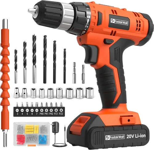 FADAKWALT Juego de taladro eléctrico de 20 V, par 30N, ajuste de par 21+1, portabrocas sin llave de 3/8 pulgadas, Kit de taladro eléctrico LED,