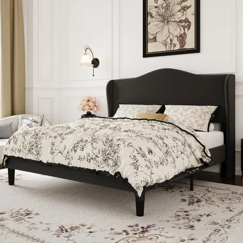 Miniatura 3 de SHA CERLIN Marco de cama de plataforma de terciopelo de tamaño completo con elegante cabecero con respaldo alado, diseño moderno y lujoso, listones