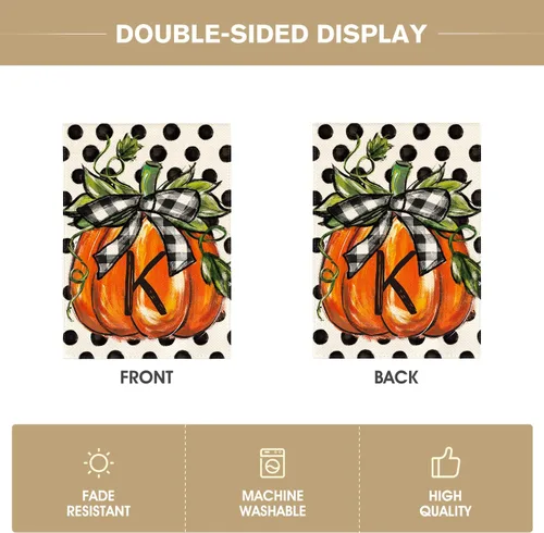 Miniatura 6 de AVOIN colorlife Bandera de jardín con monograma de otoño con letra K, diseño de calabaza, con diseño de lunares, 12 x 18 pulgadas, doble cara