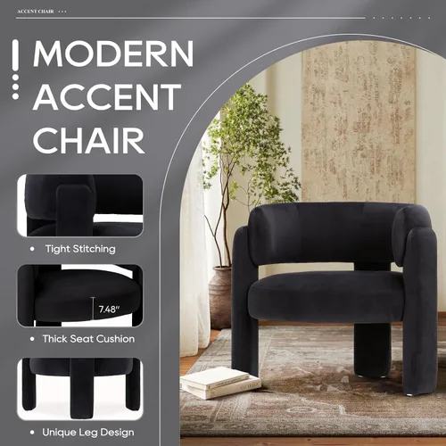 Miniatura 5 de COLAMY Silla decorativa moderna, sillas decorativas de terciopelo, sillas de barril tapizadas con patas de madera maciza, cómoda silla auxiliar