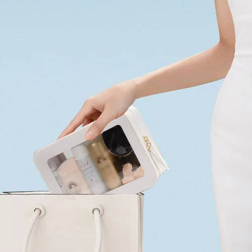 Miniatura 4 de Bolsa de maquillaje transparente pequeña, aprobada por la TSA, bolsa de aseo portátil con cremallera, bolsa de viaje para cosméticos, estuche Blanco
