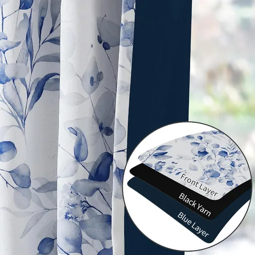 Miniatura 4 de Cortinas 100% opacas con patrón floral azul, 96 pulgadas de largo para dormitorio, estampado de hojas de acuarela, cortinas con aislamiento térmico