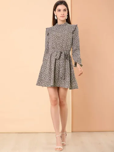 Miniatura 3 de Allegra K Vestido floral vintage con cuello alto y cinturón para mujer