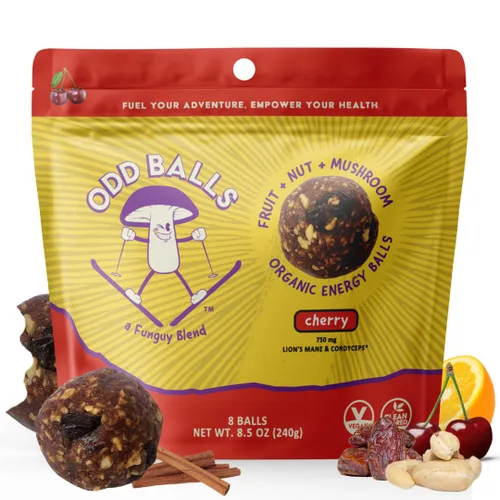 ODD BALLS - Bolas energéticas orgánicas de cereza – Bocadillo de hongos con melena de león y cordyceps – 750 mg por porción para concentración y