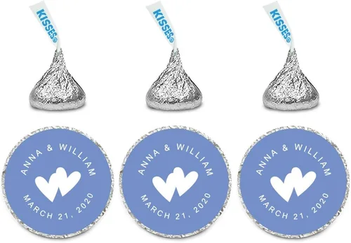 Miniatura 16 de Andaz Press Etiquetas personalizadas de gota de chocolate para boda, nombres y fecha redondos de novios, azul bebé, paquete de 240, personalizadas