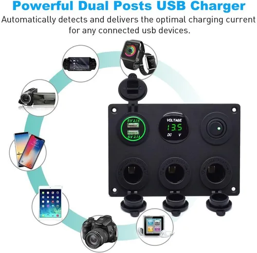Miniatura 2 de Enchufe de cargador USB dual 2.1A y 2.1A + voltímetro LED + adaptador de encendedor de cigarrillos de 3 enchufes Toma de corriente de 12V + Verde