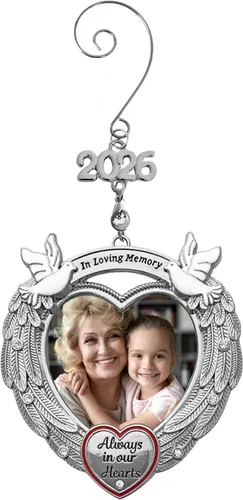 Miniatura 6 de Loving Memory - Adorno de foto de Navidad, incluye un dije fechado de 2025 y 2026, alas de ángel con palomas esmaltadas, joya de cristal
