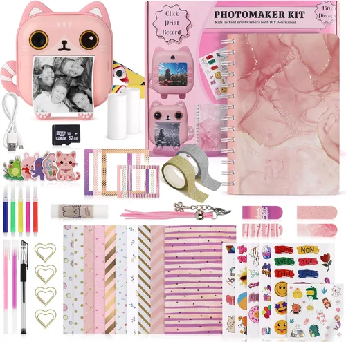 Kit Photomaker - Cámara de impresión instantánea para niños más kit de diario DIY para niñas - 150 piezas diario y cámara para preadolescentes para