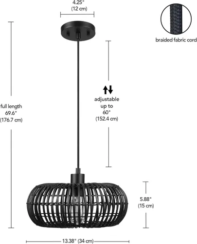 Miniatura 4 de Globe Electric 65701 Maren - Lámpara colgante de 1 luz, negro mate, pantalla de ratán, bombilla no incluida