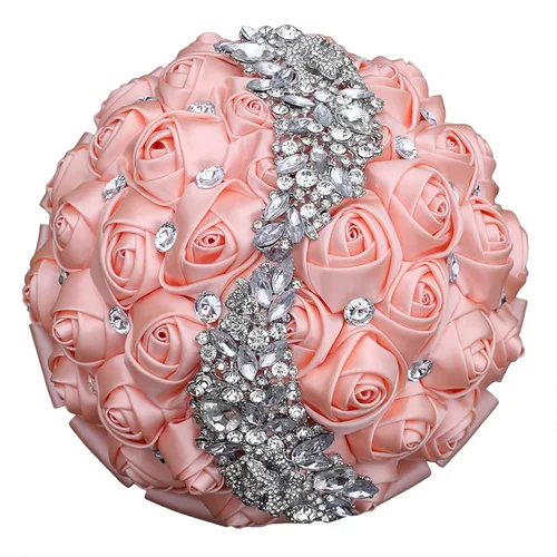 Miniatura 16 de XINNI Ramo de boda verde esmeralda para novia, dama de honor, satén rosa, ramo de boda con diamantes de imitación en forma de lluvia de meteoritos