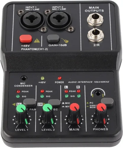 Miniatura 6 de Mezclador de audio, 2 canales, mezclador estéreo de audio USB 48 V, consola de mezcla de sonido compacta para grabación de música, karaoke en casa