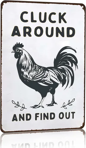 Smilelife Regalo Gracioso de Pollo Letrero de Metal con Texto en Inglés "Chicken Cluck Around and Find Out" para Decoración de Hogar, Granja, Blanco