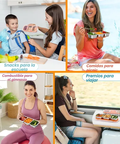 Miniatura 7 de KTKUDY - Recipiente de acero inoxidable para niños y adultos, grande, a prueba de fugas, 3 compartimentos, apilable, para guardería, escuela