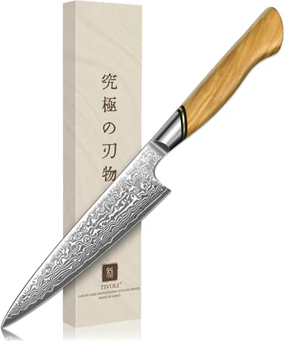 Miniatura 8 de TIVOLI Cuchillo Mondador de Acero de Damasco, Cuchillo de Frutas VG-10 con Hoja Extremadamente Afilada y Mango Ergonómico de Madera de Olivo, Ideal