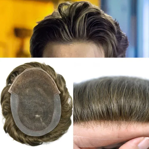Miniatura 9 de Toupee para hombre, encaje suizo frontal, nudos blanqueados, línea capilar natural, sistemas de reemplazo de cabello humano tipo tupé, piezas hechas