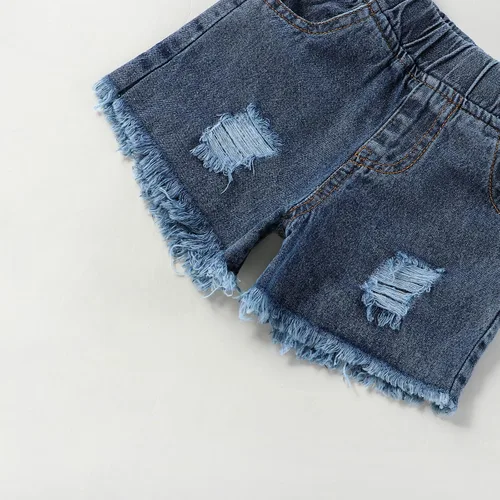 Miniatura 7 de Noubeau Traje de niña del 4 de julio con diseño de bandera americana, top halter para niñas, jeans rasgados, pantalones cortos de mezclilla, ropa