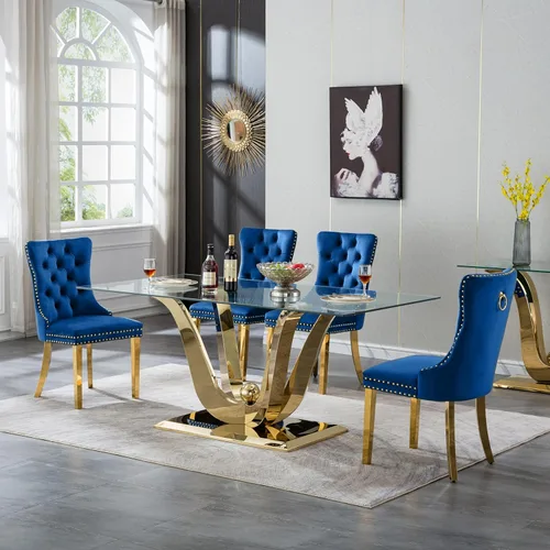 Miniatura 35 de Mesa de comedor moderna de vidrio de 70 pulgadas para 6-8, mesa de comedor de cristal dorado de lujo con base de acero inoxidable en forma de flores