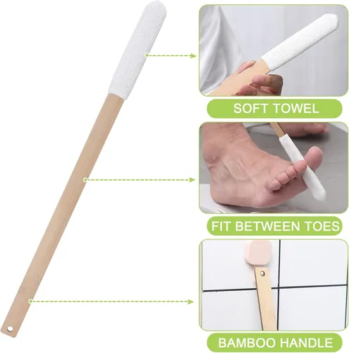 Miniatura 3 de Yaomiao Juego de 2 cepillos de mango largo para dedos de los pies de 15.75 pulgadas, cepillo de toalla de pie de madera con fundas de secado suaves