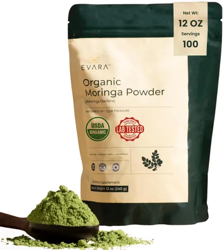 EVARA Moringa en polvo orgánico (12 onzas/11.99 oz) | Polvo de hoja de moringa 100% puro y orgánico con nutrientes vitales | Para una fuerte