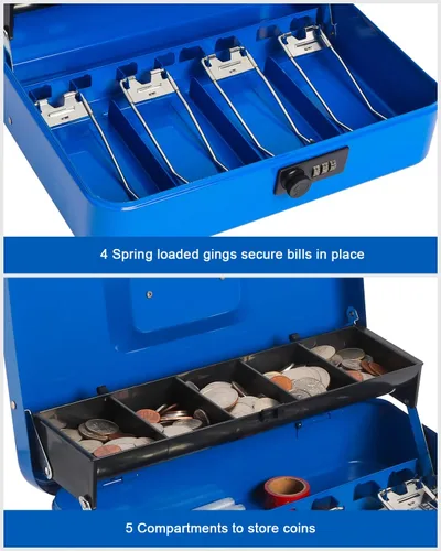 Miniatura 2 de Caja de efectivo grande con bandeja de dinero y cerradura, caja de dinero de metal para efectivo, caja de seguridad de 11.8 x 9.5 x 3.54 pulgadas