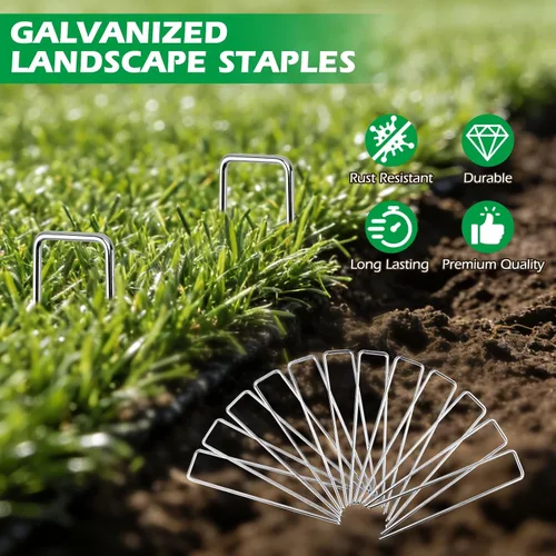 Miniatura 5 de Paquete de 100 grapas de paisaje y paquete de 100 juntas, grapas de jardín de acero galvanizado de calibre 9 de 6 pulgadas de largo con almohadillas