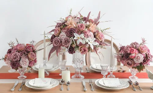 Miniatura 5 de YYHUAWU Flores Artificiales Juego de Caja Combo Color Degradado Flor Hoja con Tallos para DIY Ramos de Boda Centros de Mesa Baby Shower Fiesta Malva