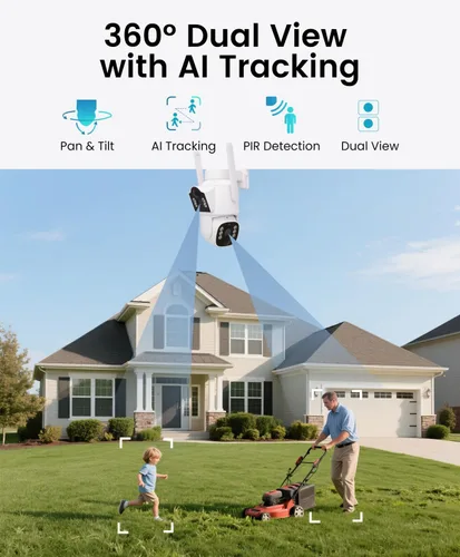 Miniatura 3 de CasaCam Cámara de seguridad solar Inalámbrico para exteriores, lente dual 2K+2K Funciona con pilas, sensores PIR duales, seguimiento automático