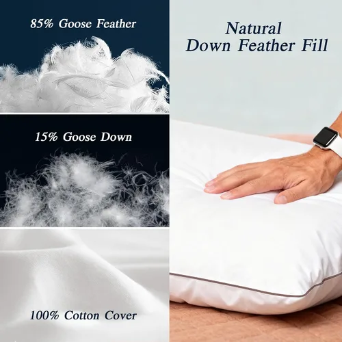 Miniatura 4 de puredown® Juego de 2 almohadas de plumas de ganso fabricadas en Estados Unidos, tamaño estándar, funda 100% algodón, almohadas de plumas para dormir