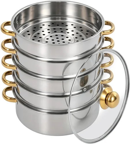 Miniatura 11 de Steamer Pot,5-Tier Stainless Steel Stockpot Steamers with Glass Lid and Anti-Scalding Handles,Polishing Steamer Cookware Pot for Induction Cookers