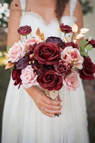 Miniatura 3 de Serwalin Flores Artificiales Burdeos, Flores Falsas de Seda Burdeos y Rosa para Decoración de Boda DIY, Flores Rojo Profundo para Pastel Ramo