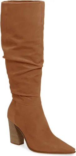 PiePieBuy - Botas altas hasta la rodilla de gamuza sintética para mujer, pantorrilla ancha, puntera puntiaguda, tacón alto y grueso, botines con