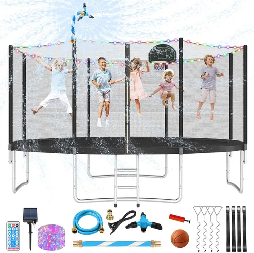 Miniatura 8 de Lyromix Trampolín mejorado con luces, trampolín grande para exteriores con aspersor, aro de baloncesto y red, capacidad para 5-8 niños y adultos