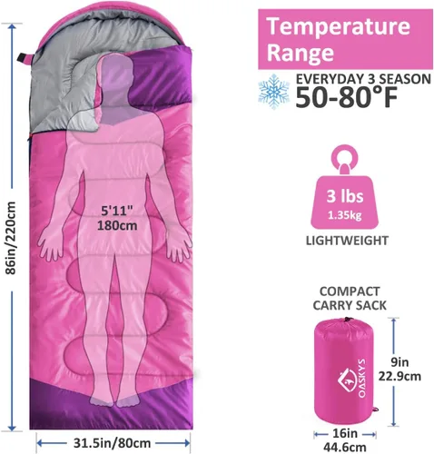 Miniatura 2 de Oaskys - Saco de dormir para acampar, para 3 estaciones, clima cálido y fresco, verano, primavera, otoño, ligero, resistente al agua, para adultos