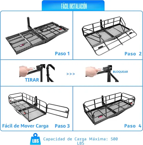 Miniatura 5 de KAIRAY Portaequipajes plegable de enganche trasero de 500 libras de alta resistencia, portaequipajes de 60"x24"x14.4" para equipaje, encaja