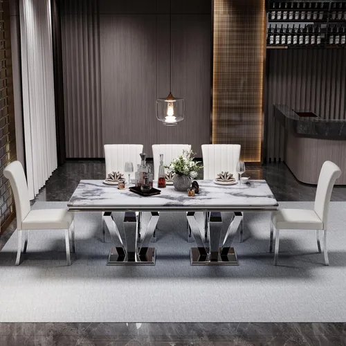 Miniatura 4 de ACEDÉCOR Mesa de comedor, mesa de comedor rectangular moderna de 78 pulgadas para 6-8 personas, parte superior de textura gris y base geométrica