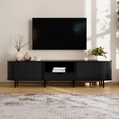 Miniatura 15 de DHH Soporte de TV acanalado de 71 pulgadas con toma de corriente para televisores de hasta 80 pulgadas, consola de TV con estantes ajustables y Negro
