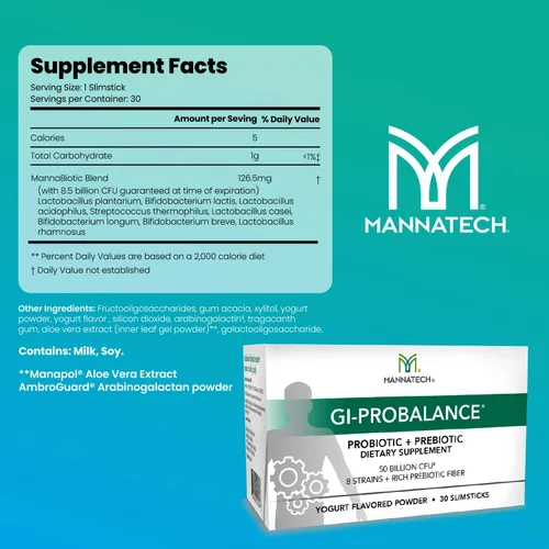 Miniatura 2 de Mannatech Prebióticos y probióticos, 30 slimsticks, sabor a yogur, GI-ProBalance con mezcla MannaBiótica, polvo pre y probióticos para la salud