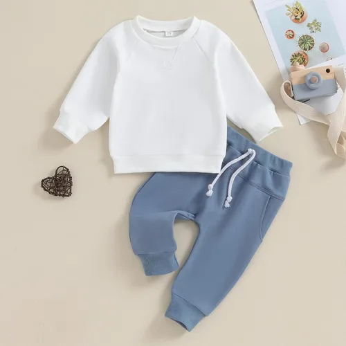 Miniatura 16 de Conjunto de 2 piezas de sudadera de manga larga con cuello redondo y pantalones casuales para bebés y niños pequeños