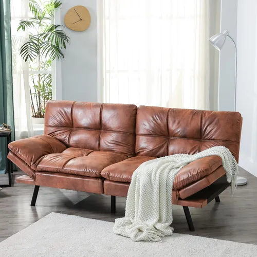 Miniatura 13 de Opoiar Sofá cama futón covertible de 71 pulgadas de largo, sofá futón de piel sintética, sofá biplaza moderno de espuma viscoelástica, sofá pequeño